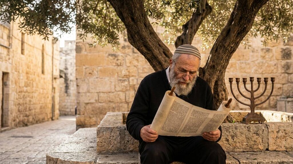 Elderly Jewish man reading scriptures under an olive tree in Jerusalem.