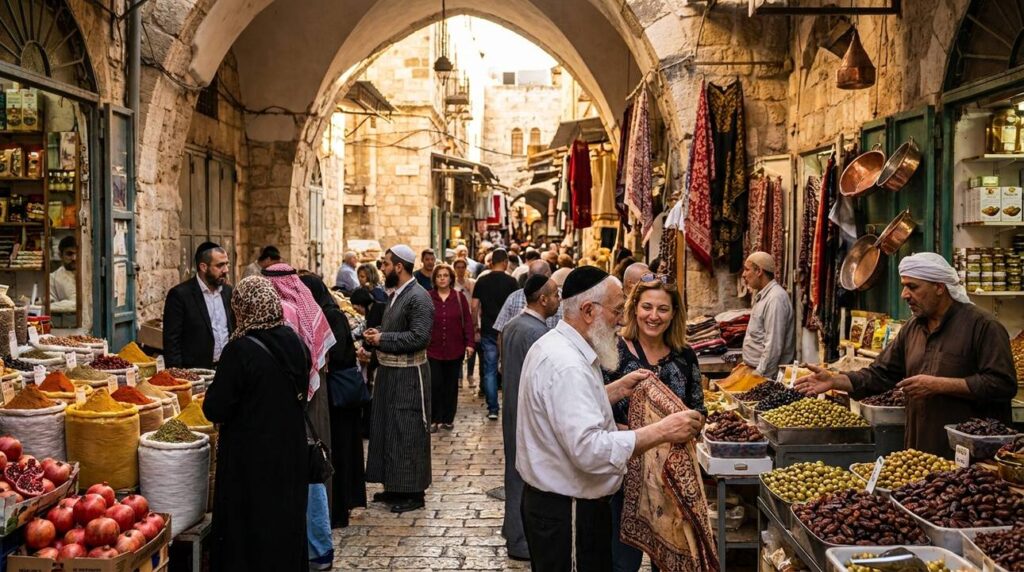 Diverse people trading goods in a busy Jerusalem marketplace.