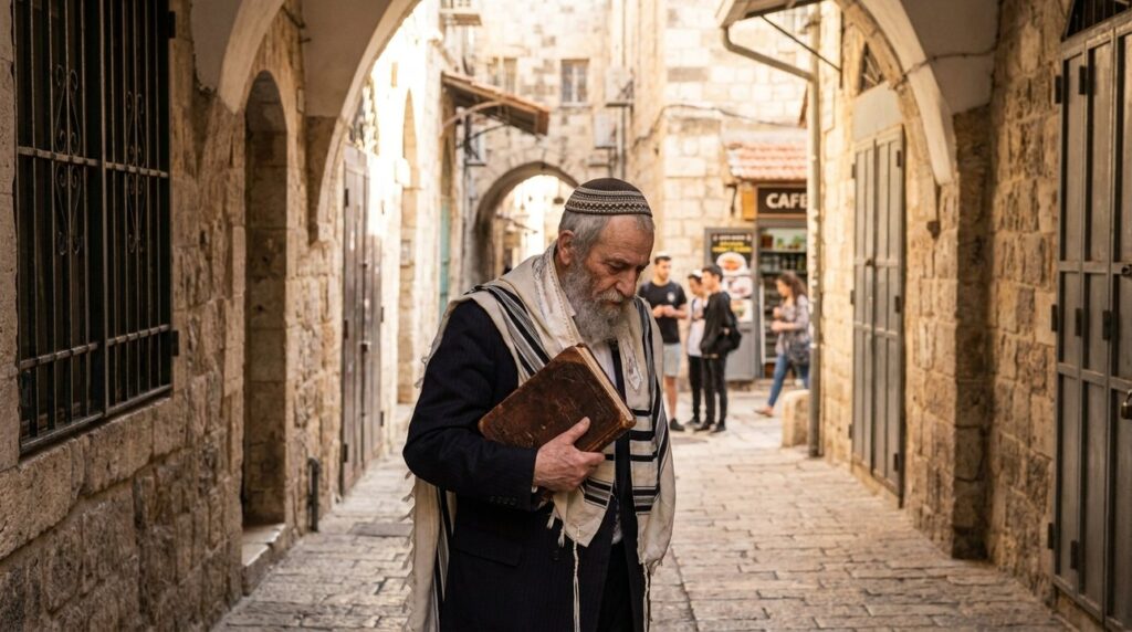 Elderly Jewish man walking in an old Jerusalem alley at dawn.