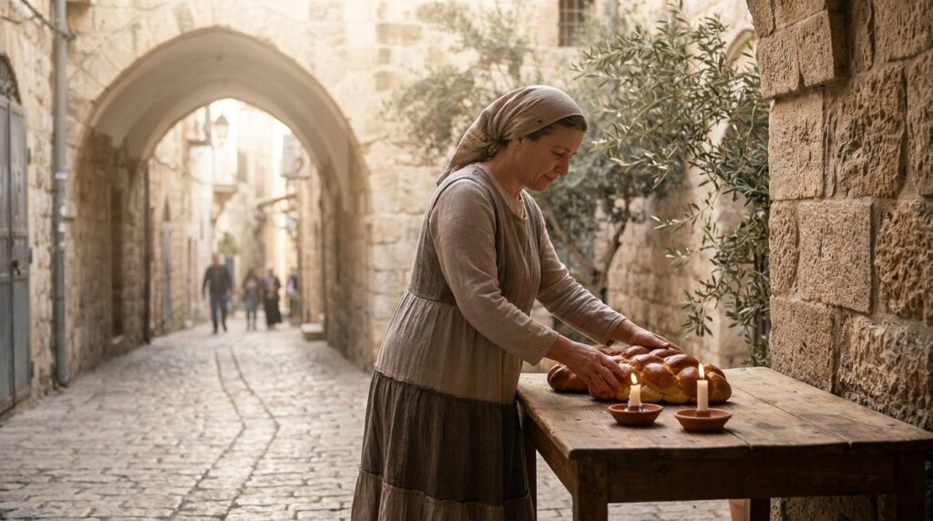 Woman setting table with bread and candles in Jerusalem street.