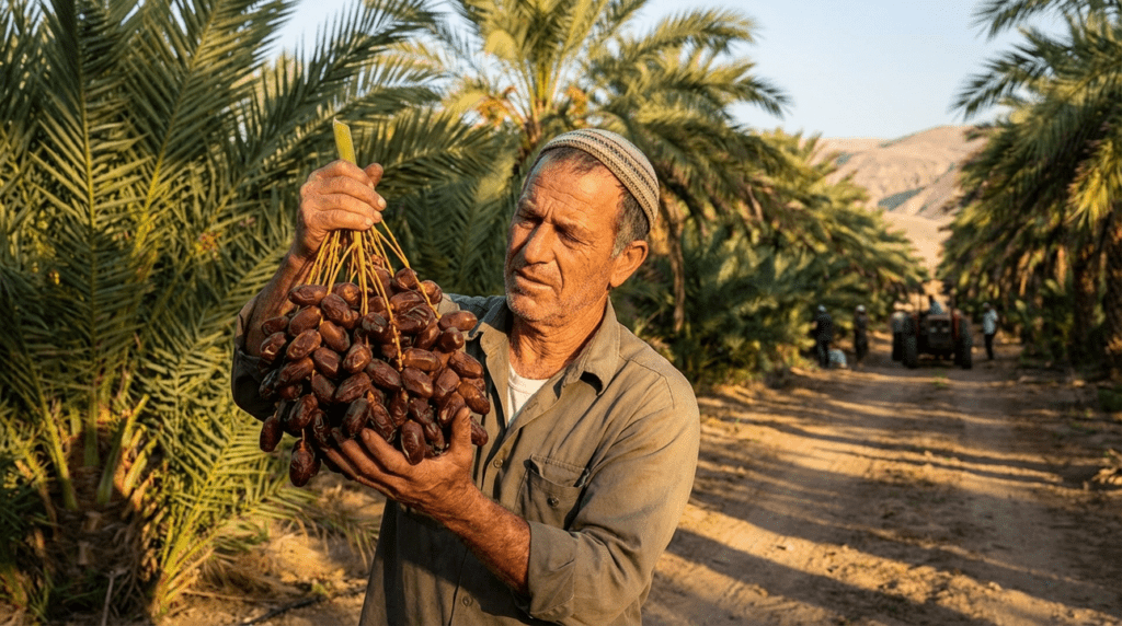 Israeli date farmer examines dates in a sunlit palm grove.