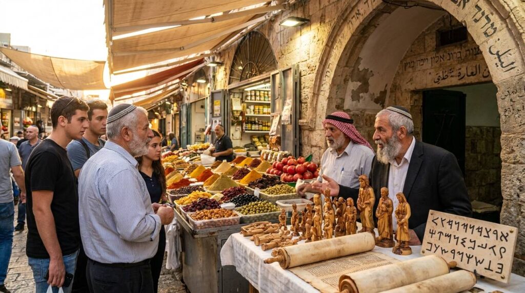 Jerusalem marketplace with produce, spices, olive wood carvings, and bustling crowd.