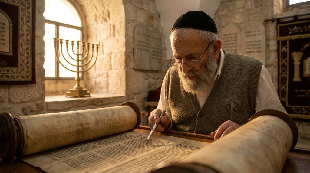 Elderly Jewish man reads Torah in a stone synagogue room.