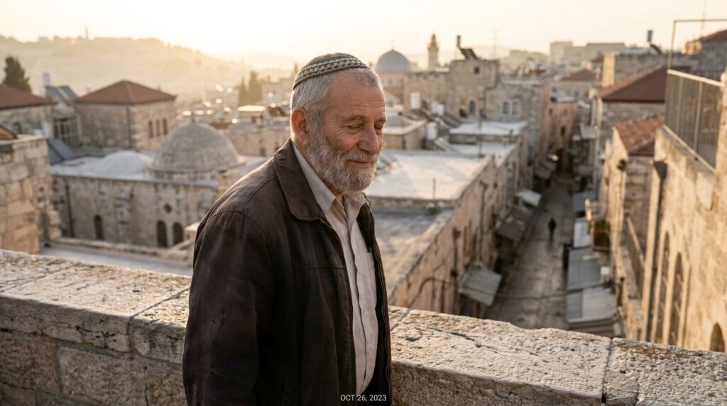 Elderly Jewish man meditates on balcony overlooking Jerusalem at dawn.
