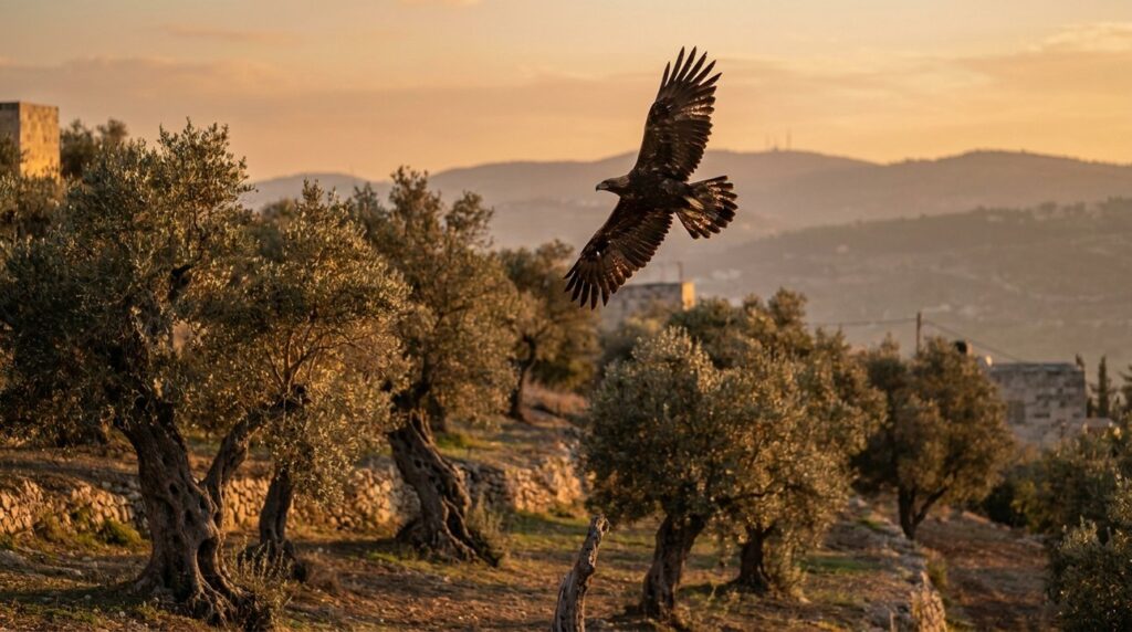 Eagle soaring above olive groves near Jerusalem at sunset.