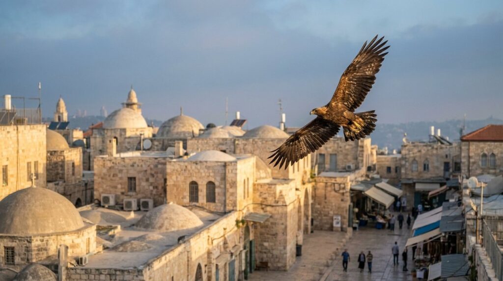 Eagle soaring above sunlit Jerusalem cityscape in morning light.