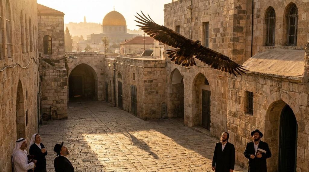 Eagle soaring over Jerusalem's cobblestone streets at sunset.