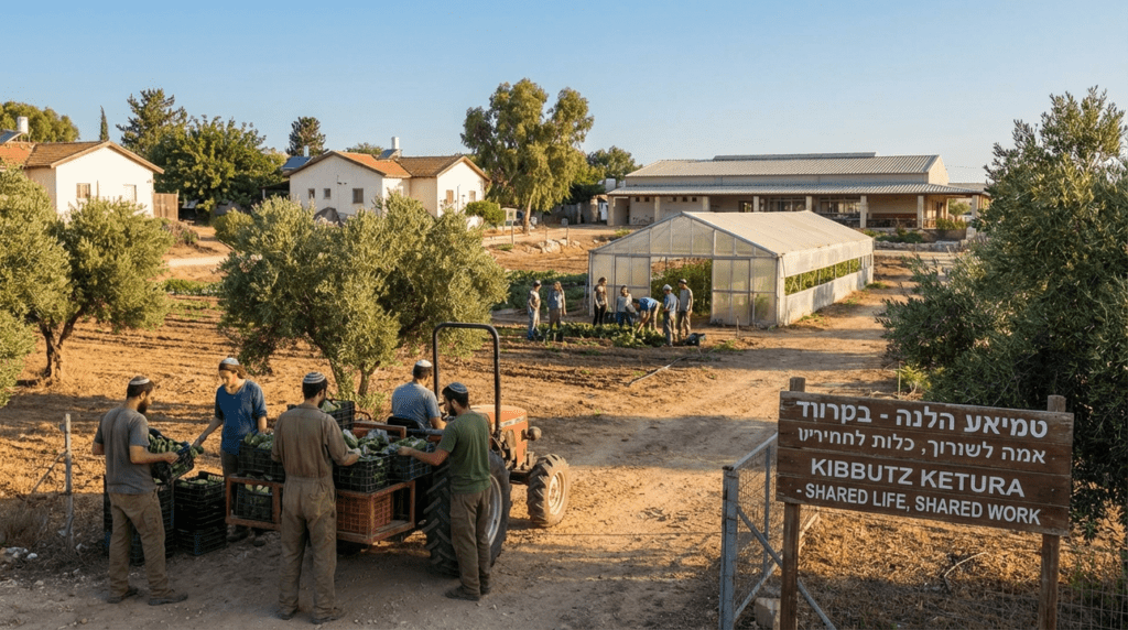 Members of a kibbutz farming together in early morning light.