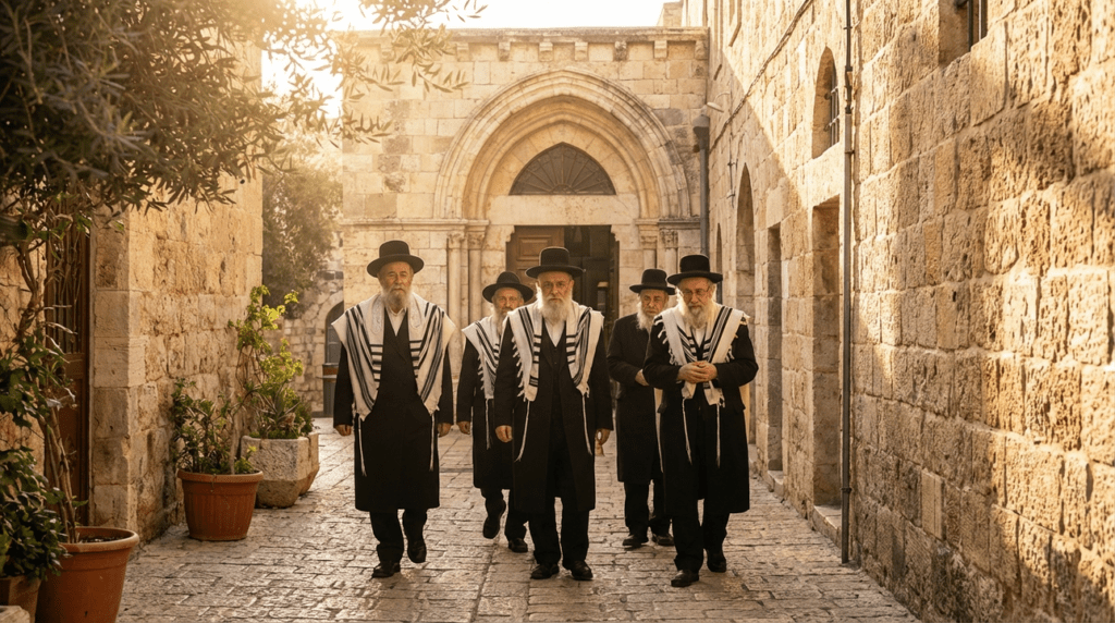 Elderly Jewish men walking to a synagogue in Jerusalem morning.