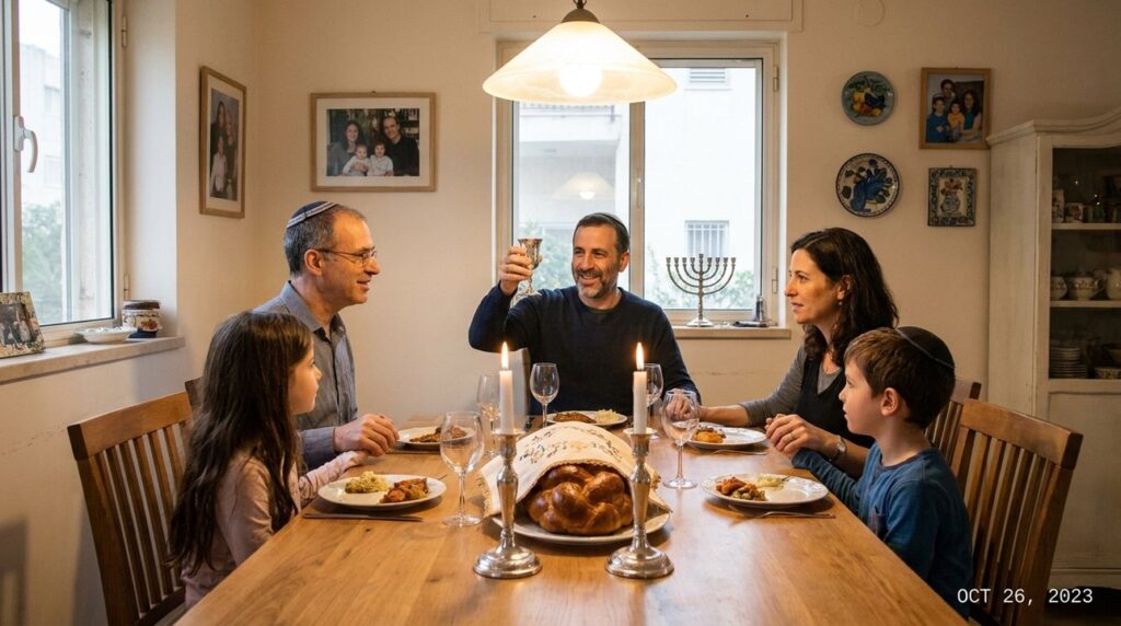 Family blessing over Shabbat dinner with challah and lit candles.