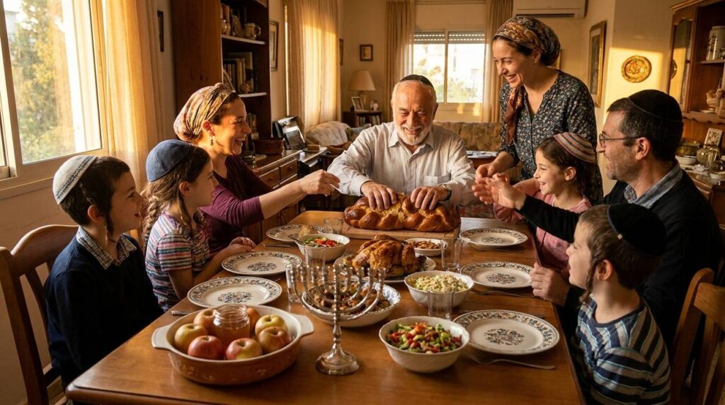 Jewish family breaking challah at a Shabbat dinner table.