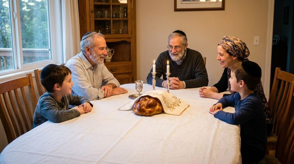 Jewish family gathers around Shabbat dinner table set with traditional items.