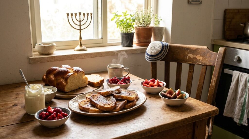 Israeli kitchen with breakfast table set, challah bread, and menorah.