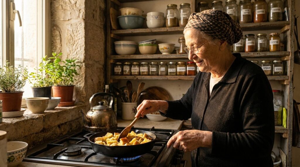 Elderly Jewish woman cooking challah bread in rustic Jerusalem kitchen.