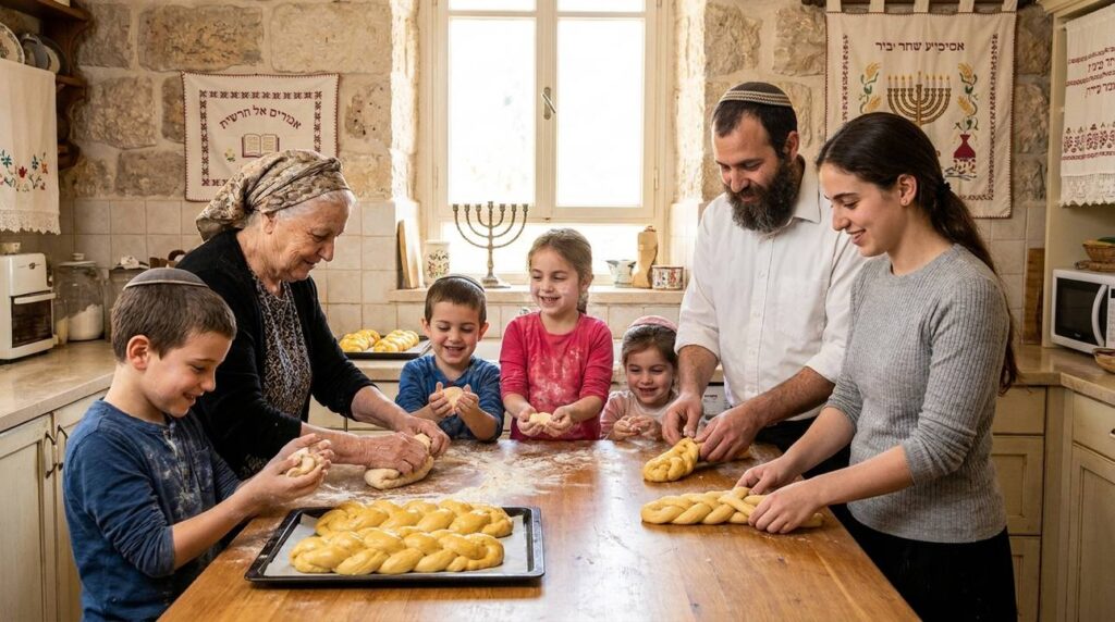 Family of multiple generations baking challah in a traditional Israeli kitchen.