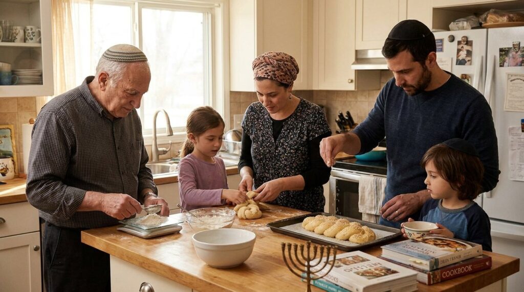 Jewish family preparing challah bread in a home kitchen.