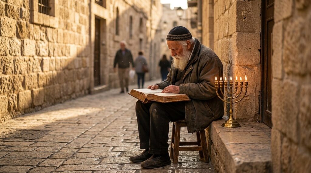 Elderly man reads ancient book by menorah in Jerusalem at dusk.