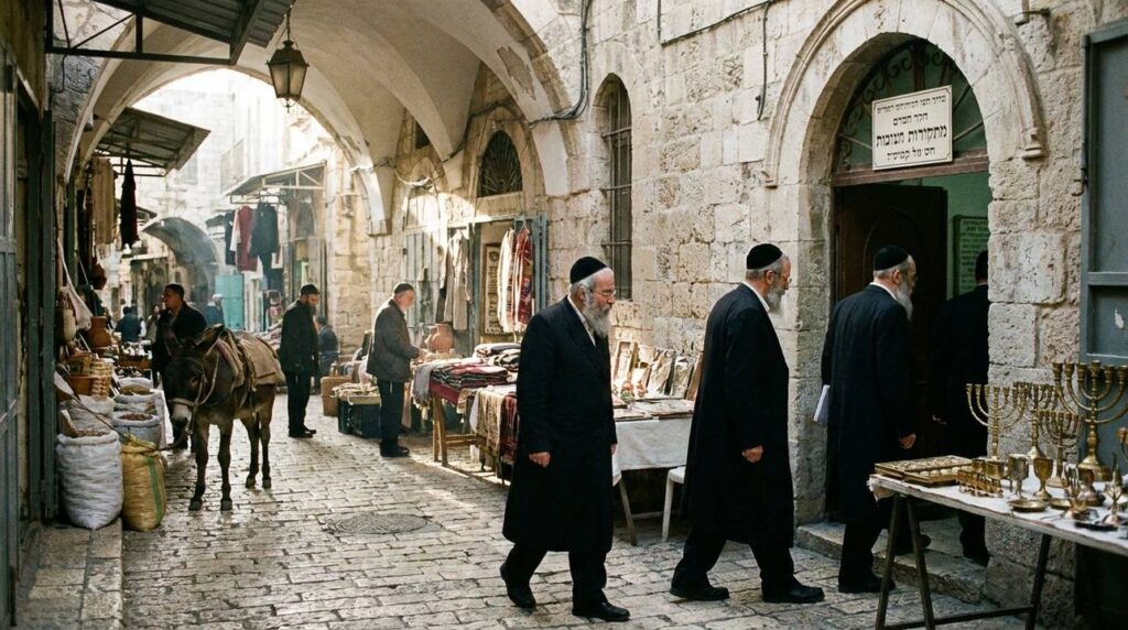 Elderly Jewish men walking to synagogue in cobbled Jerusalem street.