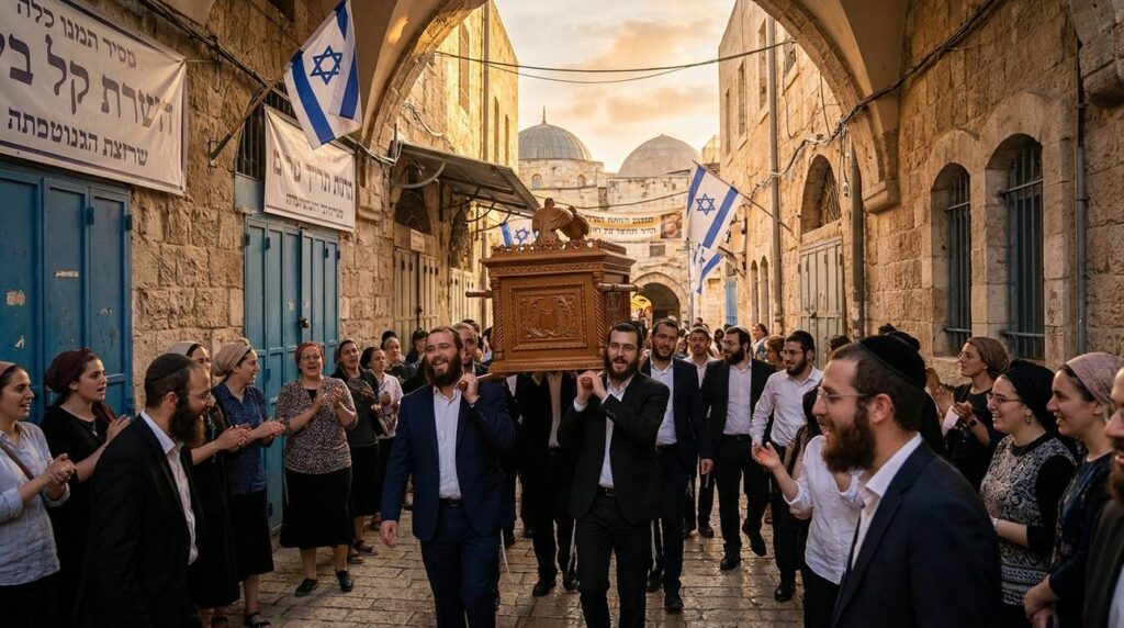 Procession in Jerusalem with participants carrying a symbolic Ark.
