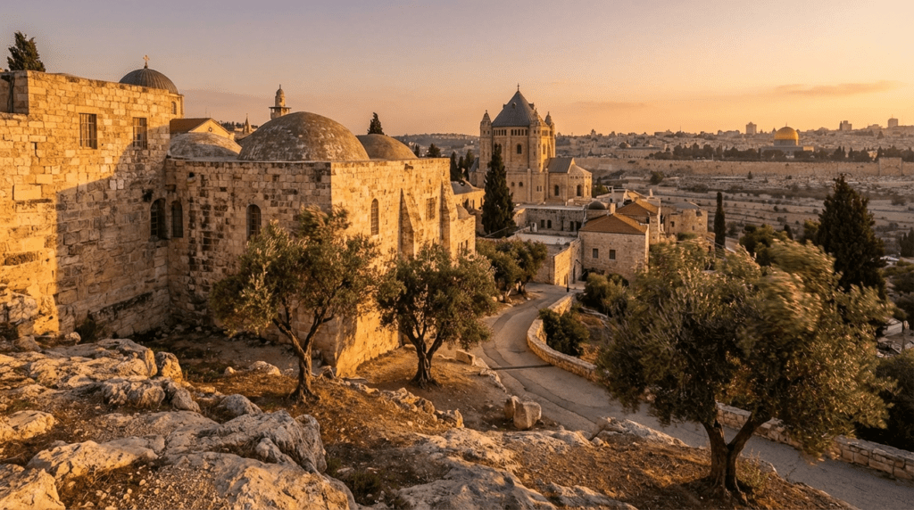 Mount Zion at golden hour, olive trees, distant Jerusalem views.