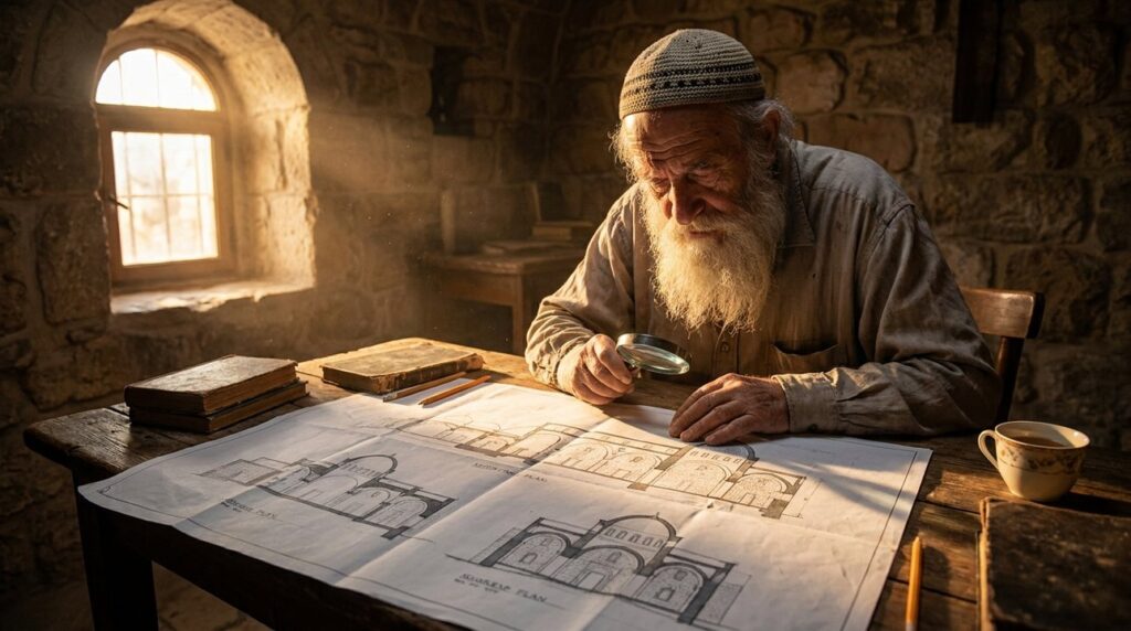 Elderly Jewish man with white beard examining blueprints on wooden table.