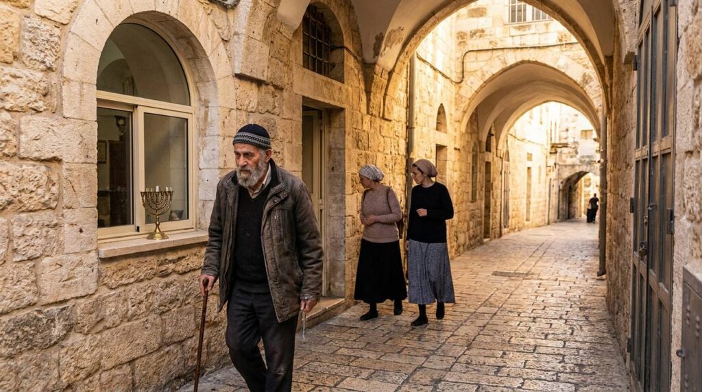 Serene morning in Jerusalem, residents in traditional attire, menorahs in windows.