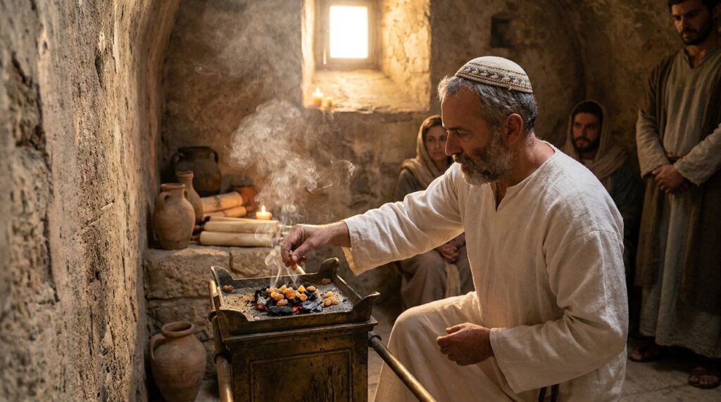 Jewish man in white robe placing resins on bronze altar in Jerusalem.