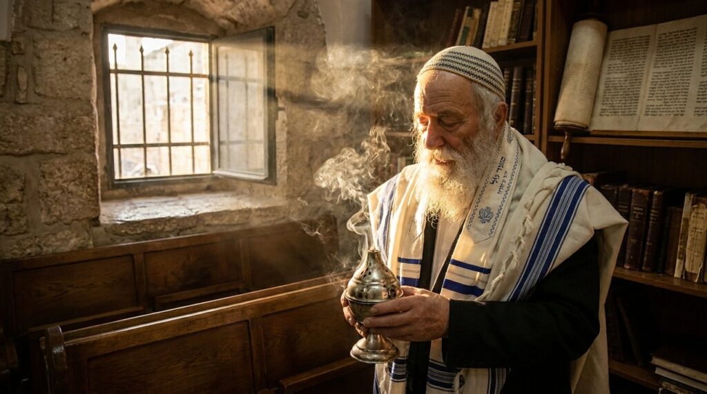 Elderly Jewish man holding a silver incense burner in a synagogue.