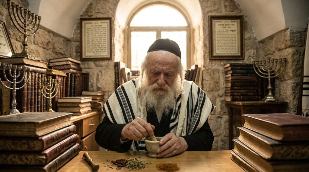 Elderly Jewish man preparing incense in a synagogue's dim room.
