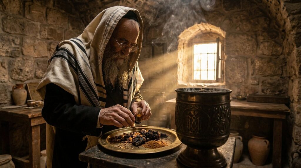 Elderly Jewish man preparing incense in a Jerusalem stone room.