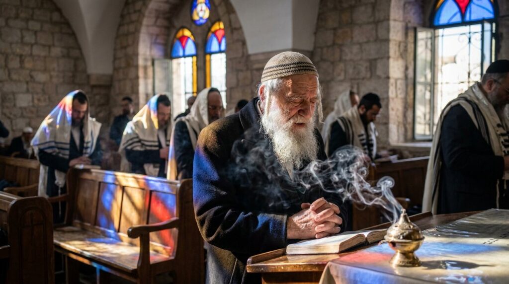 Elderly man praying in synagogue with sunlight through stained glass.