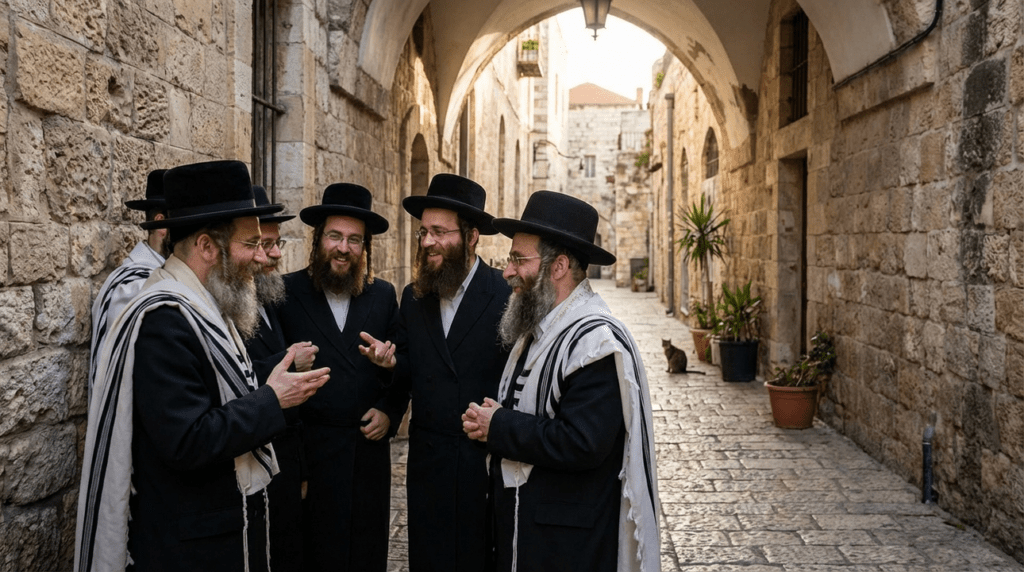 Orthodox Jewish men in conversation on cobblestone street in Jerusalem.