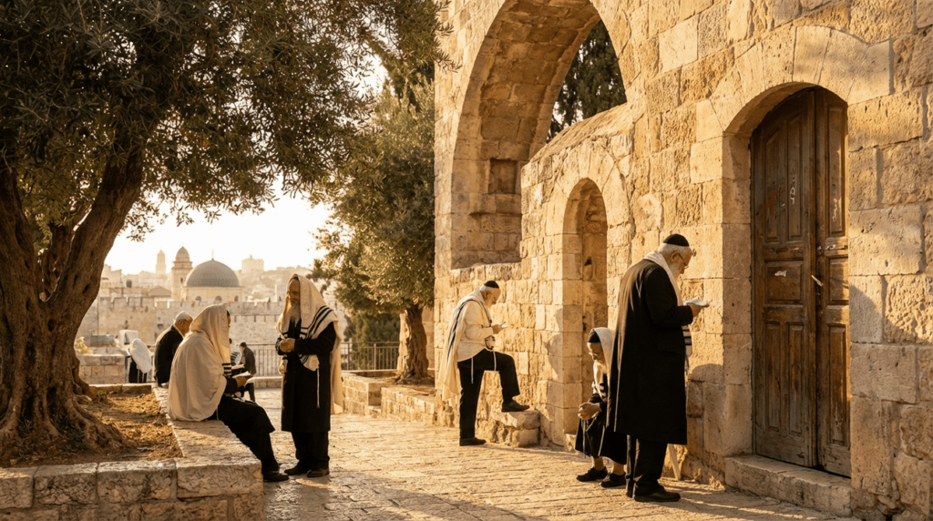 Mount Zion at sunset with praying individuals and Jerusalem background.
