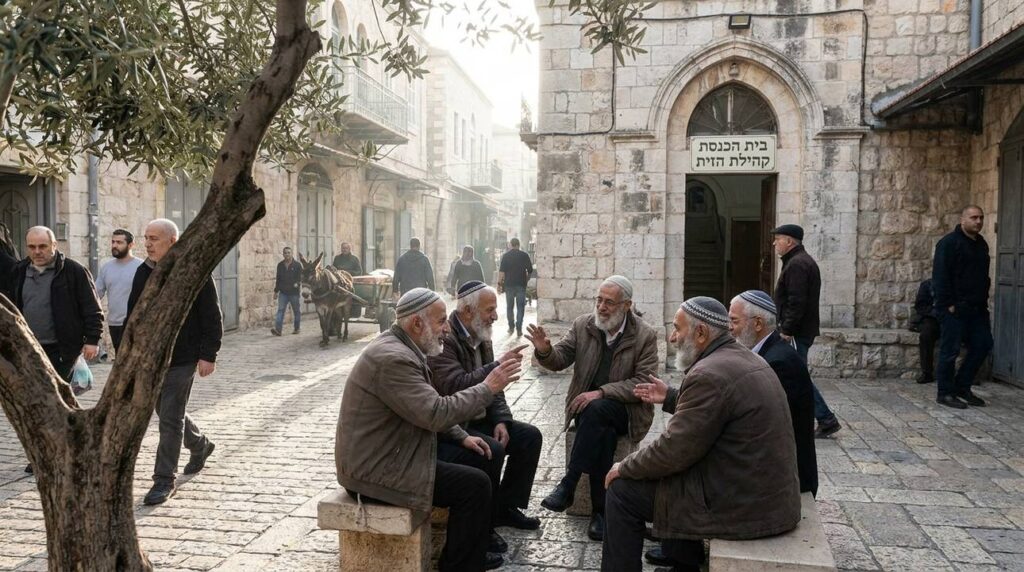 Elderly men with kippahs talking outside a synagogue in Nazareth.