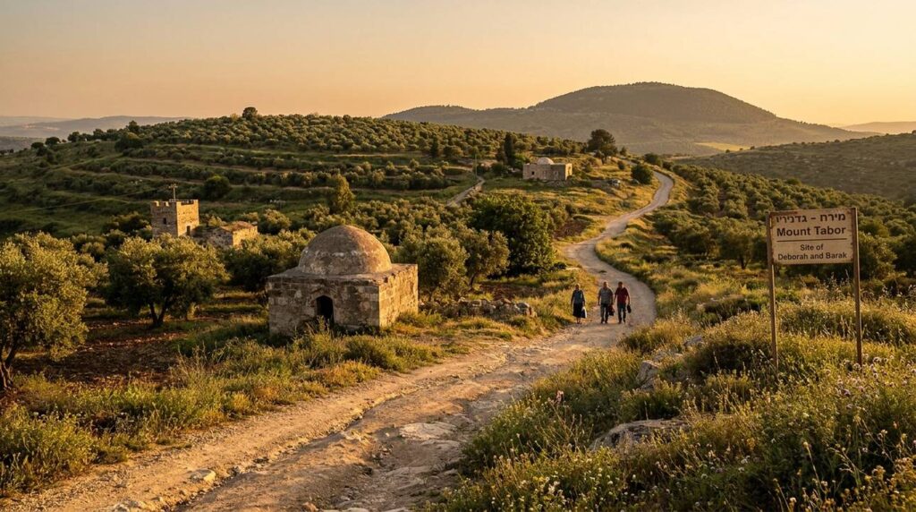 Serene Galilee landscape with rolling hills, olive trees, and stone structures.