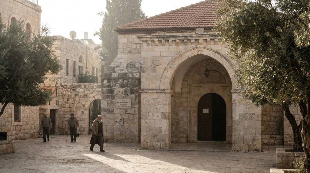 Ancient synagogue in Nazareth with weathered stone walls in morning light.