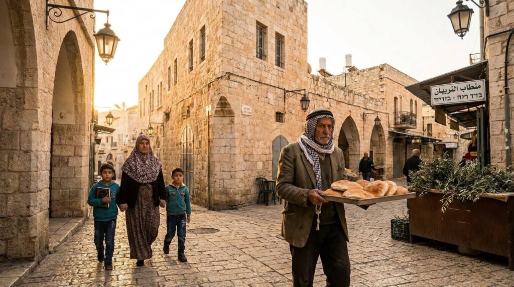 Dawn light on Nazareth's stone buildings, diverse locals on cobblestone street.