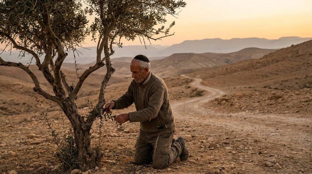 Elderly man in traditional Jewish attire tending an olive tree in the Negev Desert.