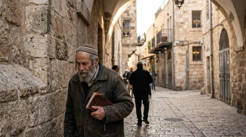 Elderly Jewish man walking in Jerusalem's old city with prayer book.