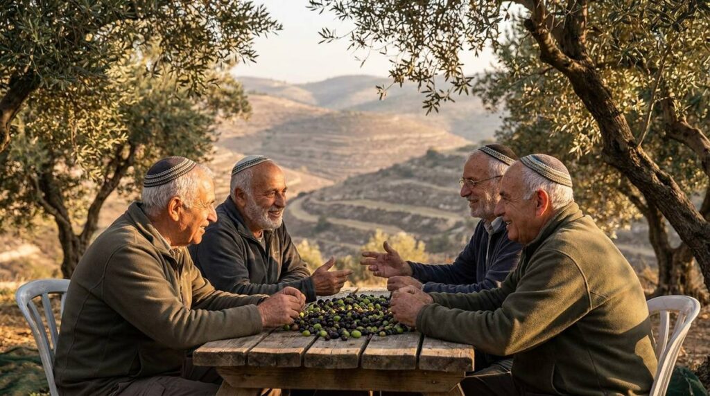 Elderly men in kipas discussing beside table with olives in grove.