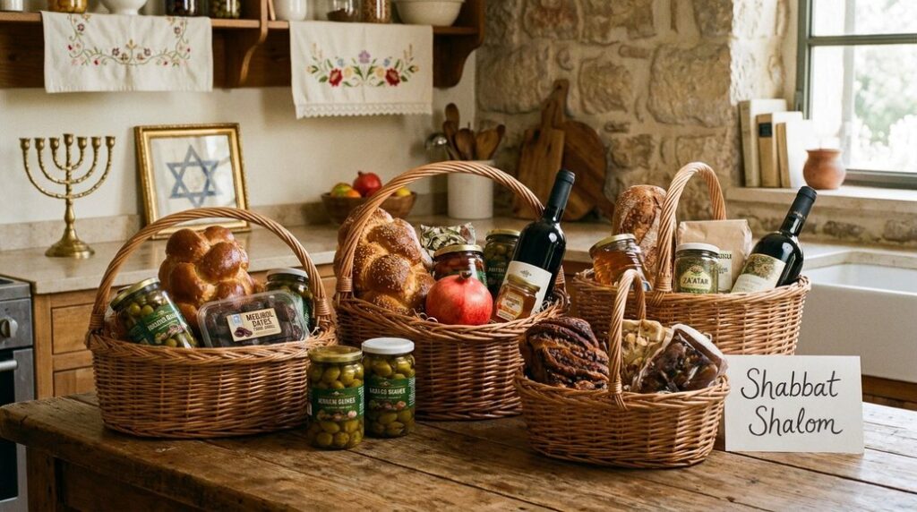 Image illustrating: Baskets with wine, bread, and olives on wooden table.