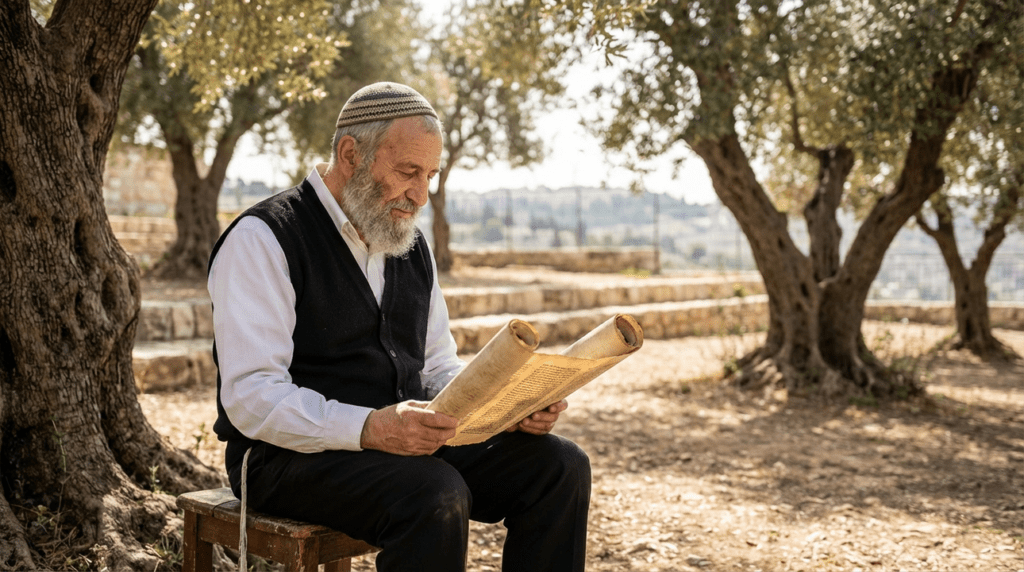 Elderly Jewish man in kippah reading Torah in sunlit olive grove.