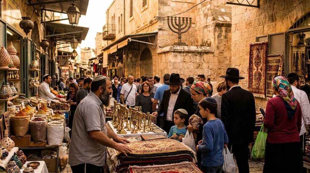 Busy Jewish market in Jerusalem with traders and families.