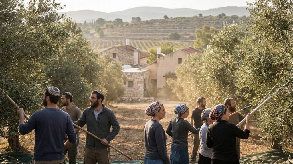 Group harvests olives in kibbutz, wearing kipas and headscarves.