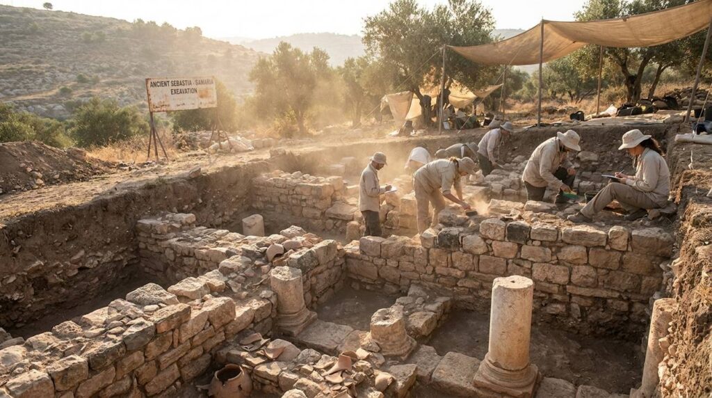 Archaeologists excavate artifacts at ancient Sebastia in morning light.