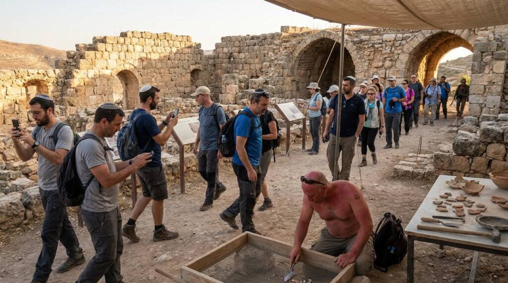 Tourists with kipas explore ancient ruins in Samaria at sunset.