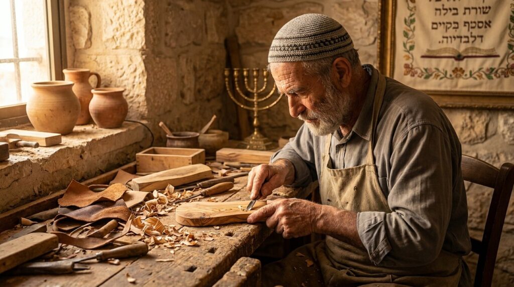 Elderly Jewish artisan crafting in a workshop with cultural motifs.
