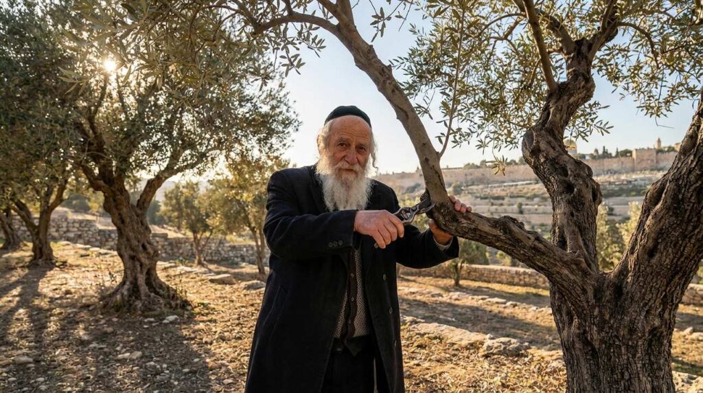 Elderly man in kippah pruning olive trees in a sunlit grove.