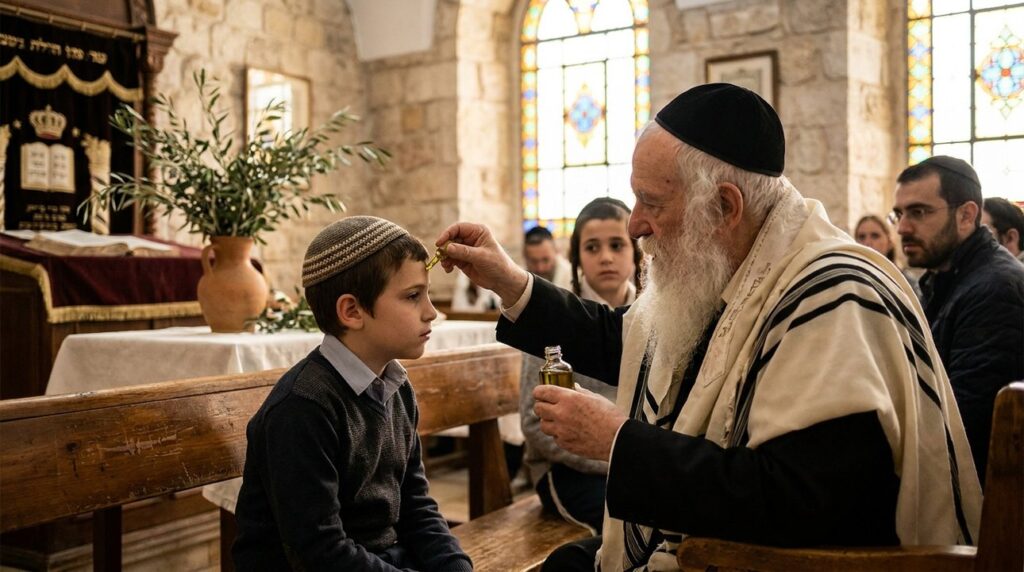 Elderly Jewish man anointing boy with oil in Jerusalem synagogue.