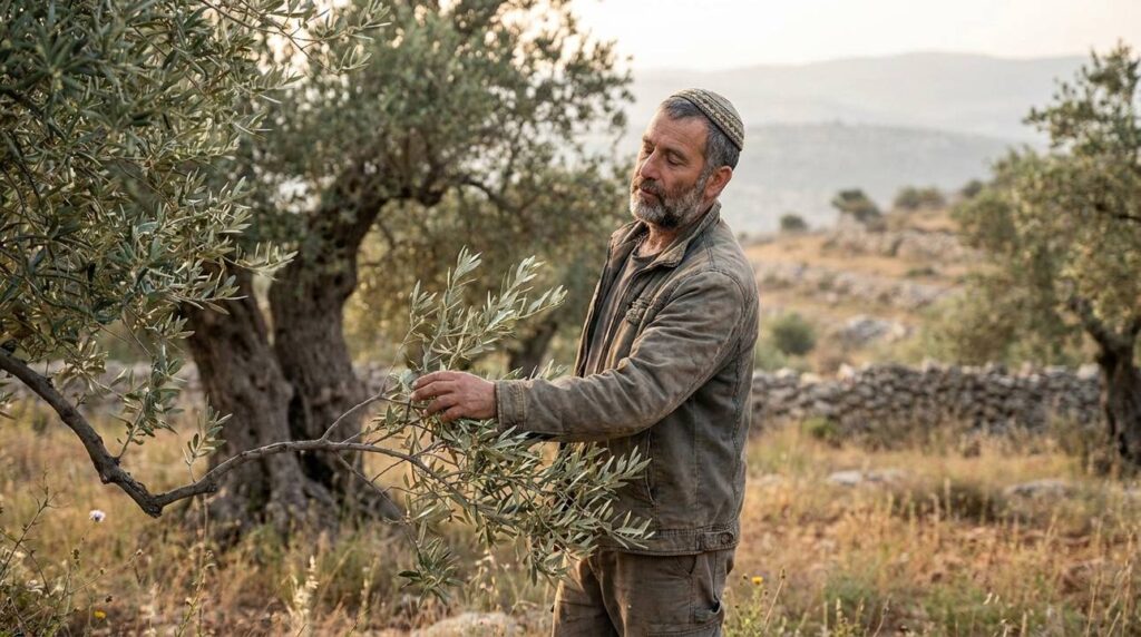 Middle-aged Jewish man touching olive branch in grove, Israel.